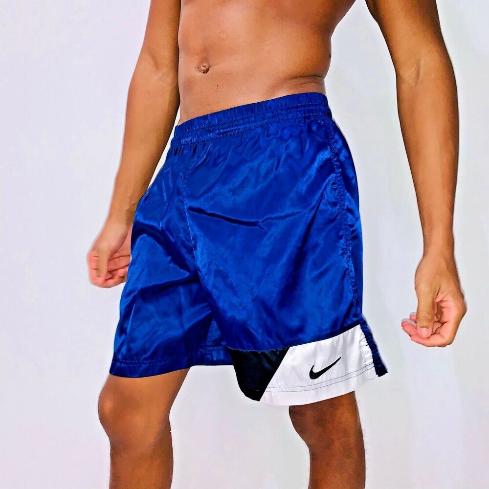 Nike 90s Vintage America Satin Nylon Glanz Soccer Shorts Navy Blue Black Small